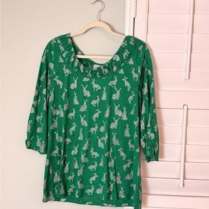 Anthropologie Green Bunny Print Top XL Cotton Modal 3/4 Sleeve Novelty